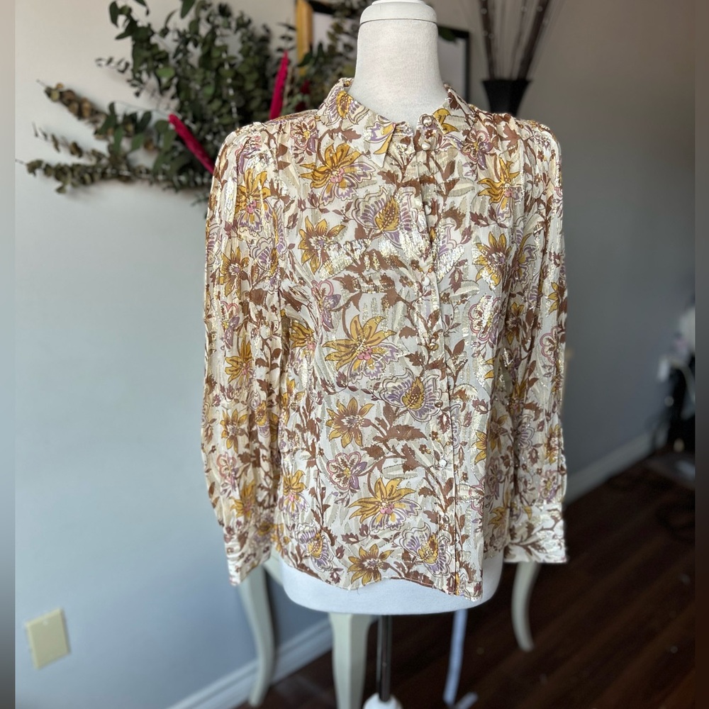 Sézane Orchidée Silk Metallic Floral Blouse - Gold/Purple - Size 40